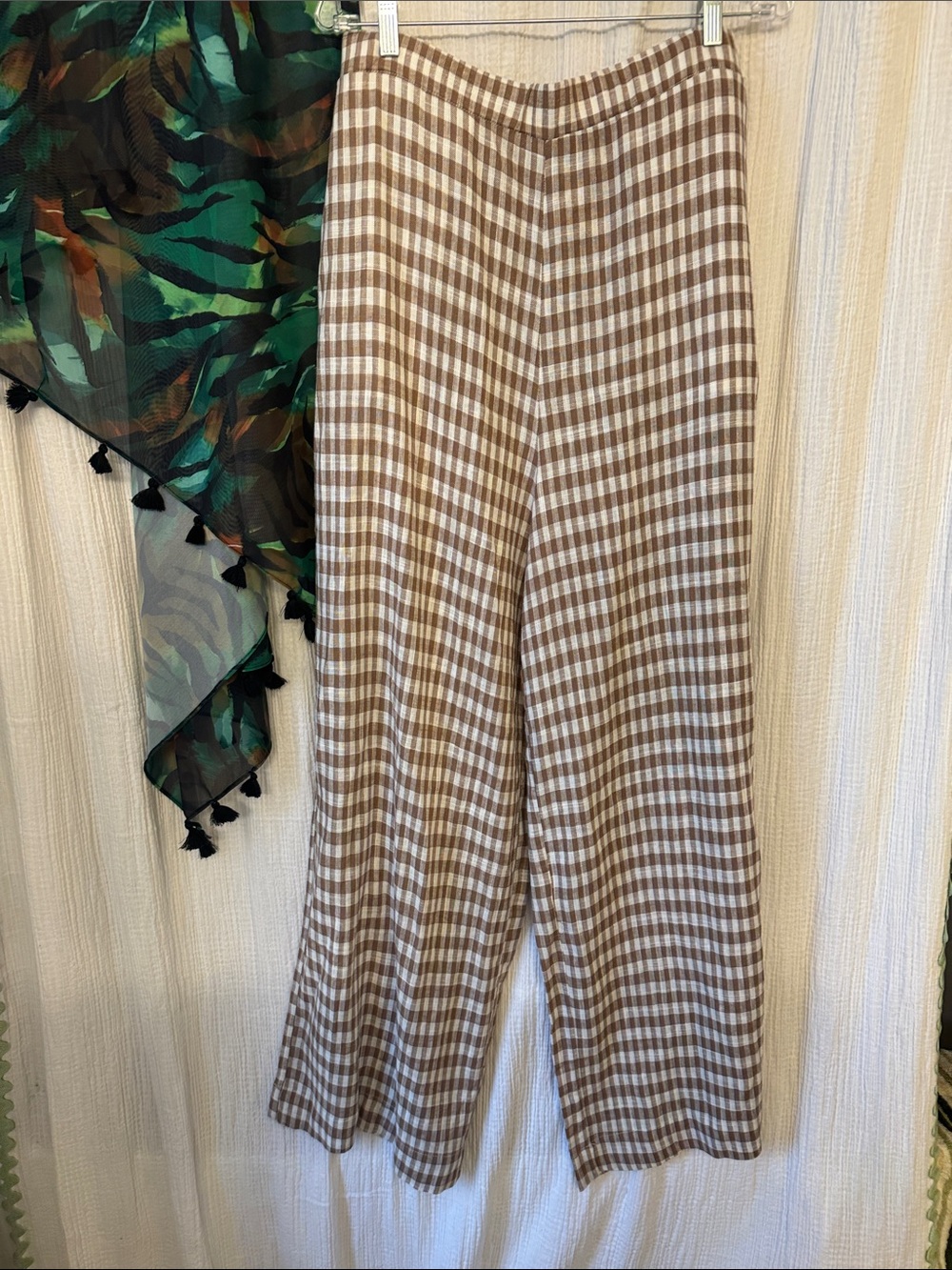 Comfort Stretch waist. Brown and white Gingham. Wide-Leg linen Pants XL